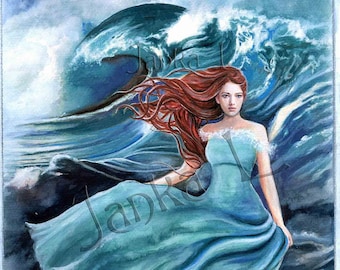 May include: A woman with long red hair stands on a rocky shore, wearing a flowing teal blue dress.  She is surrounded by crashing waves and a stormy sky.