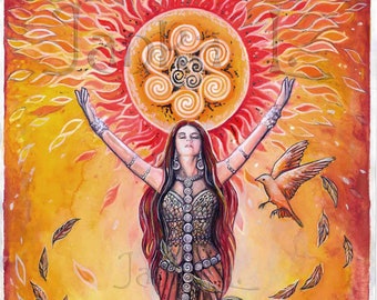 Sun - original illustration, mythology, signed, watercolour painting, fantasy art, goddess, woman, tarot, birds, orange, wallart, priestess