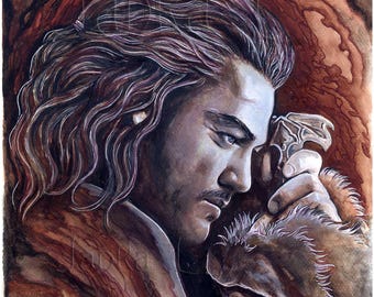 ドラゴンスレイヤーの水彩画 - サイン入りファンタジーアートポートレート