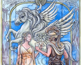 Perseus and Andromeda - original illustration, greek mythology, signed, watercolor painting, historic fantasy, legend, love, hero, romantic