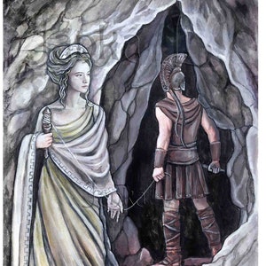 Teseo e Arianna: dipinto ad acquerello della mitologia greca firmato