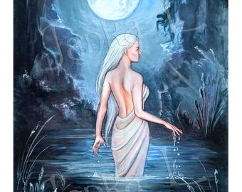 Water Nymph - original illustration, original art, mythology, signed, watercolour painting, fantasy, night lake, woman, fairy tale, Rusalka