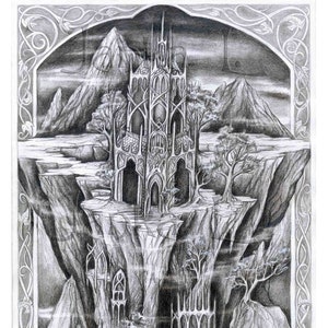 Elven City Buntstift Zeichnung: Signierte Fantasy Burg Wandkunst