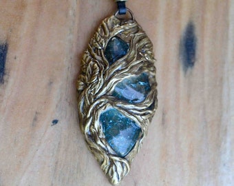 Handmade pendant, blue glass stones, handmade jewellery, tree pendant, polymer clay, nature lover, fantasy art, elven, gift for her, for him