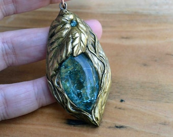Handmade pendant, blue glass stones, handmade jewellery, leaf pendant, polymer clay, nature lover, fantasy art, elven, gift for her, for him