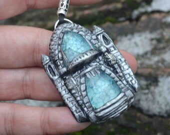 Handmade pendant - Castle, fantasy jewellry, magic pendant, handmade jewellery, glass stone, polymer clay pendant, gothic jewellry, hematite