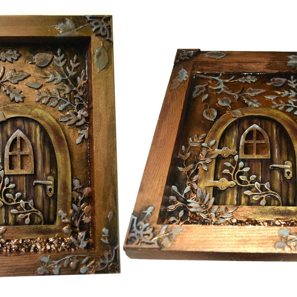 Fairy Door, small rectangle wooden decor, fantasy art, handmade, fairytale, nature, wall art, magic forest, elven, leaves, plants, relief