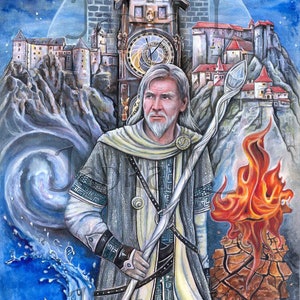 May include: Watercolor painting of a wizard with a staff, standing before a castle and clock tower. The artwork features elements of fire, water, and air, with a blue and white color scheme. The wizard wears a gray robe and has a long white beard.
