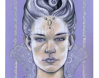 Baroness - Original illustration, woman portrait,  lady, fantasy art, signed art, purple, wall art, one of a kind, beauty, lace