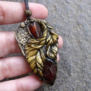 Handmade Polymer Clay Pendant: Elven Leaf Design with Amber, Nature Lover