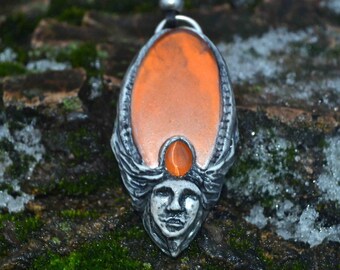 Goddess - handmade pendant, handmade jewellry, sea glass stone, polymer clay, gift for her, fairy, unique, woman portrait, fantasy, elven