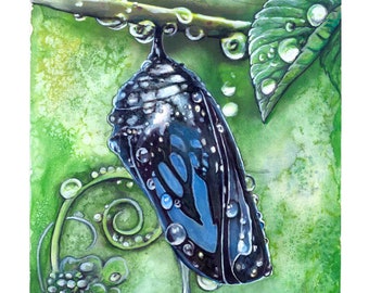 Chrysalis - original painting, signed art, insect, butterfly, watercolor, nature lover, leaves, spring, green, new life,wall art, dew, magic