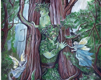 Primeval forest - original illustration, myths, legends, signed art, watercolor painting, fantasy, greenman, leaves, fairytale, gnome, faery