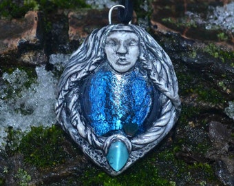 Goddess - handmade pendant, handmade jewellry, blue glass stone, polymer clay, gift for her, fairy, unique, woman portrait, fantasy, elven