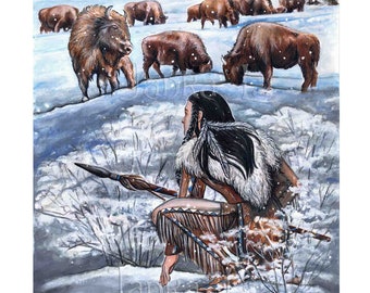 Original illustration - On the hunt, man, signed art, watercolor painting, historic, wall art, bison, winter, snow, american buffalo