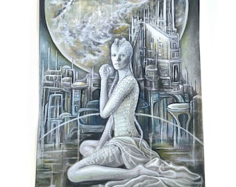 Alien Beauty - Original illustration, sci-fi art, space city, planet, signed art, wall art, original painting, fantasy, woman portrait
