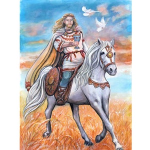 Original illustration - The Prince, horse , rider, original art, Slavic man, signed art, watercolour painting, historic fantasy, summer