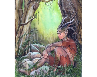 Original illustration, original art, signed art, watercolour painting, fantasy, man portrait, forest spirit, forest god, nature lover