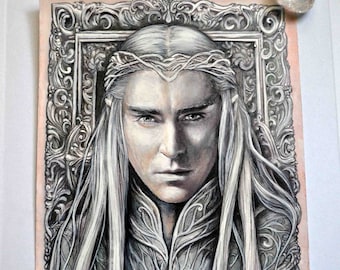 Rey elfo - Dibujo original, regalo para ella, arte de fantasía, retrato firmado, pintura, retrato de elfo real, arte de pared, decoración de pared, arte original