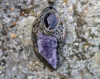 Free Shipping Handcrafted Clay and Gemstone Pendant. Amethyst Necklace