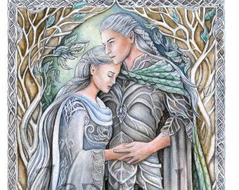 Elven romance - Stay with me - print, fantasy art, elven illustration, love painting, signed print, elf couple, romantic art