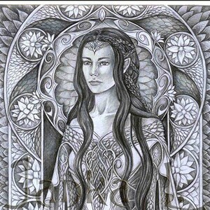 Elfen Dame Portrait: Originale Graphitstift Zeichnung, signierte Fantasy Kunst