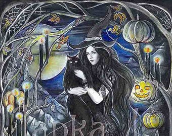 Halloween - 10.83" x 7.68" or 16,34" x 11,61” Print, fantasy painting, magic art, signed print, dark fantasy, witch portrait, black cat