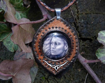 elven pendant Handmade leather pendant gift for her gift for him leather jewelry hand tooled leather unique gift gemstone pendant