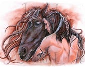 Brothers - Print, native american art, signed print, horse and man, watercolor painting, wall art, unique gift, historic art