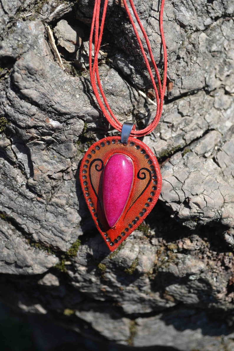 elven pendant Handmade leather pendant gift for her gift for him leather jewelry hand tooled leather unique gift gemstone pendant