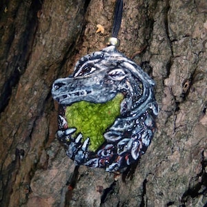Dragon: Handmade Polymer Clay Pendant, Green Ceramic Stone, Fantasy Jewelry