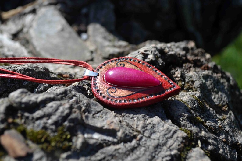 elven pendant Handmade leather pendant gift for her gift for him leather jewelry hand tooled leather unique gift gemstone pendant