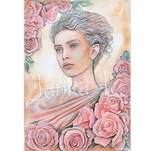 Elfenprinzessin Aquarellbild: Signierte Fantasy Kunst, rosa Rosen