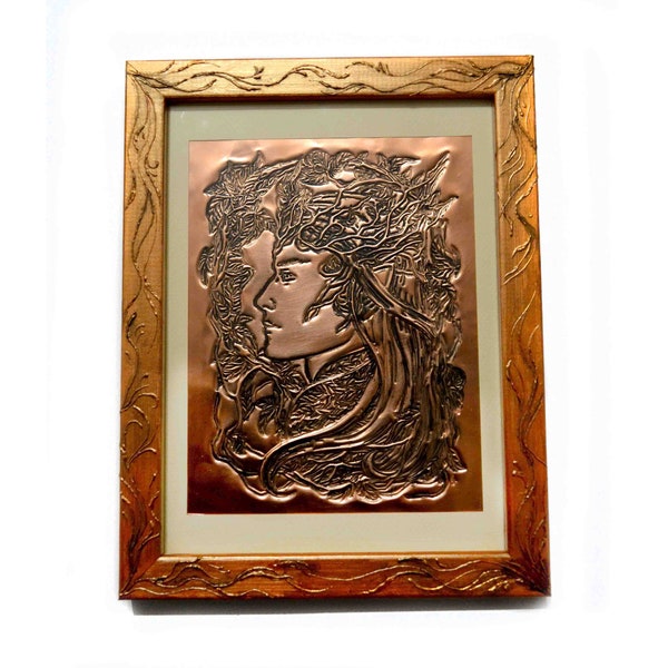 Elven king - embossed portrait on copper sheet, metal embossing, fantasy art, original framed art, elf portrait, wall art, metal embossing