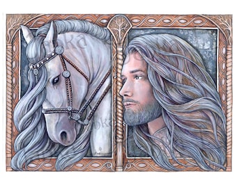 Original illustration - King's Rider, fantasy art, man portrait, signed, original art, watercolor painting, wall art, white horse, sun