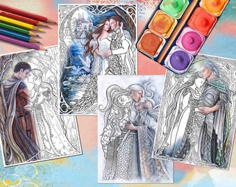 Fantasy Love Art Coloring Pages: Romantic Elves, Set of Four (Digital Download)