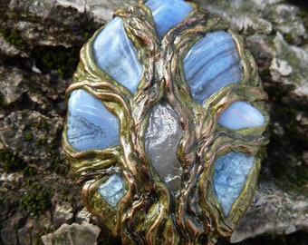 Handmade pendant, handmade jewellery, blue chalcedony, tree, gemstone pendant, polymer clay, nature lover, fantasy art, elven, one of a kind