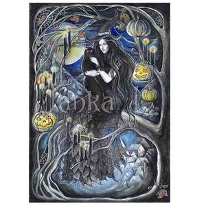 Halloween Witch & Black Cat Watercolor Painting: Signed Dark Fantasy Art