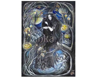 ハロウィン魔女と黒猫の水彩画：サイン入りダークファンタジーアート