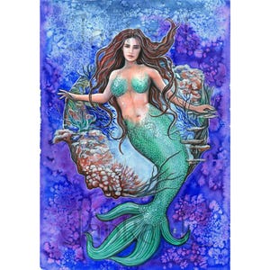 Gesigneerde aquarel zeemeermin: fantasiekunstillustratie
