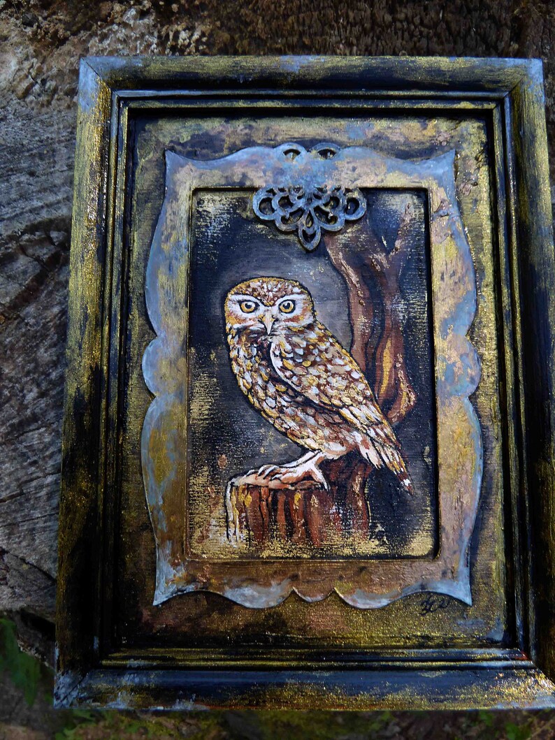 Owl Original Acrylic Painting on Wooden Board Small Signed Etsy