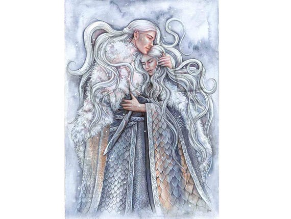 Elven Love Watercolor Painting: Signed Romantic Fantasy Art