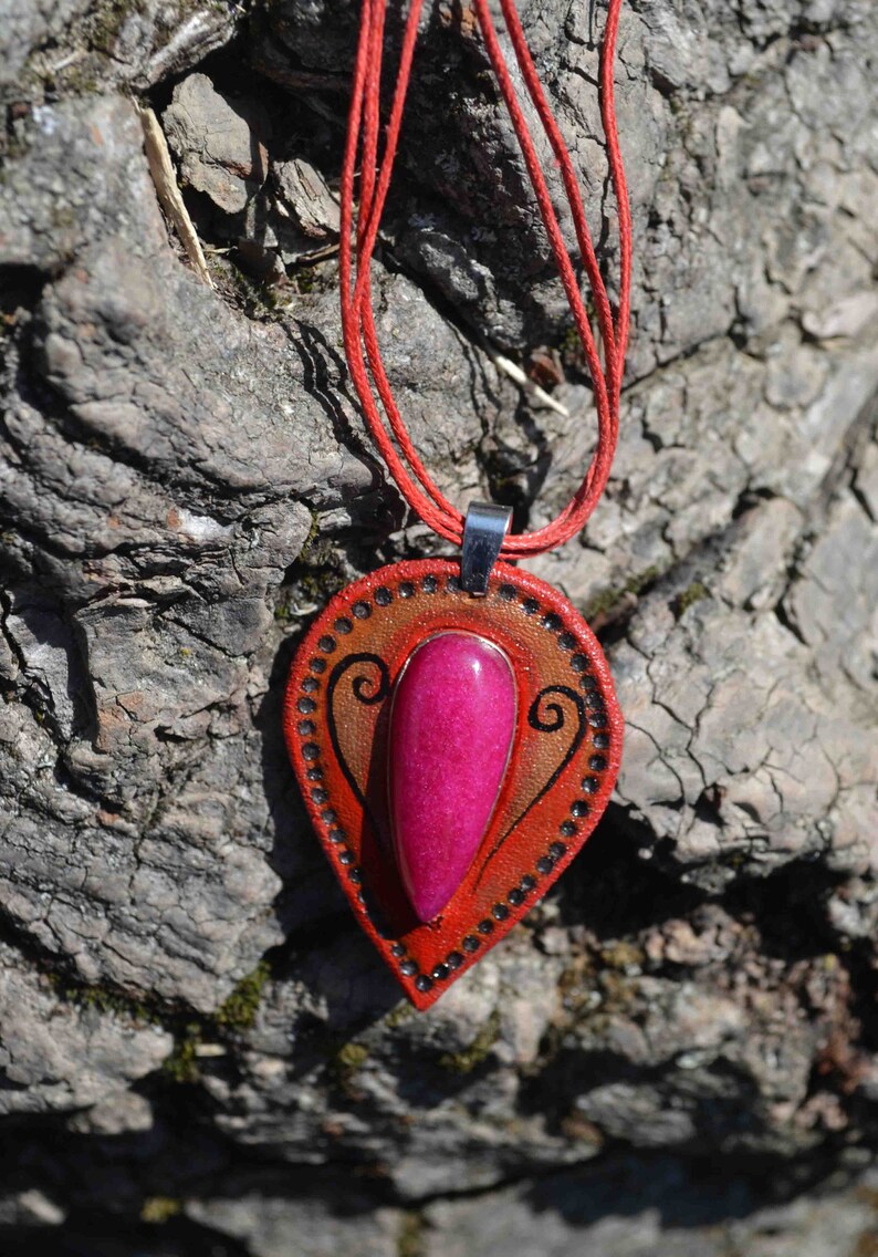 elven pendant Handmade leather pendant gift for her gift for him leather jewelry hand tooled leather unique gift gemstone pendant