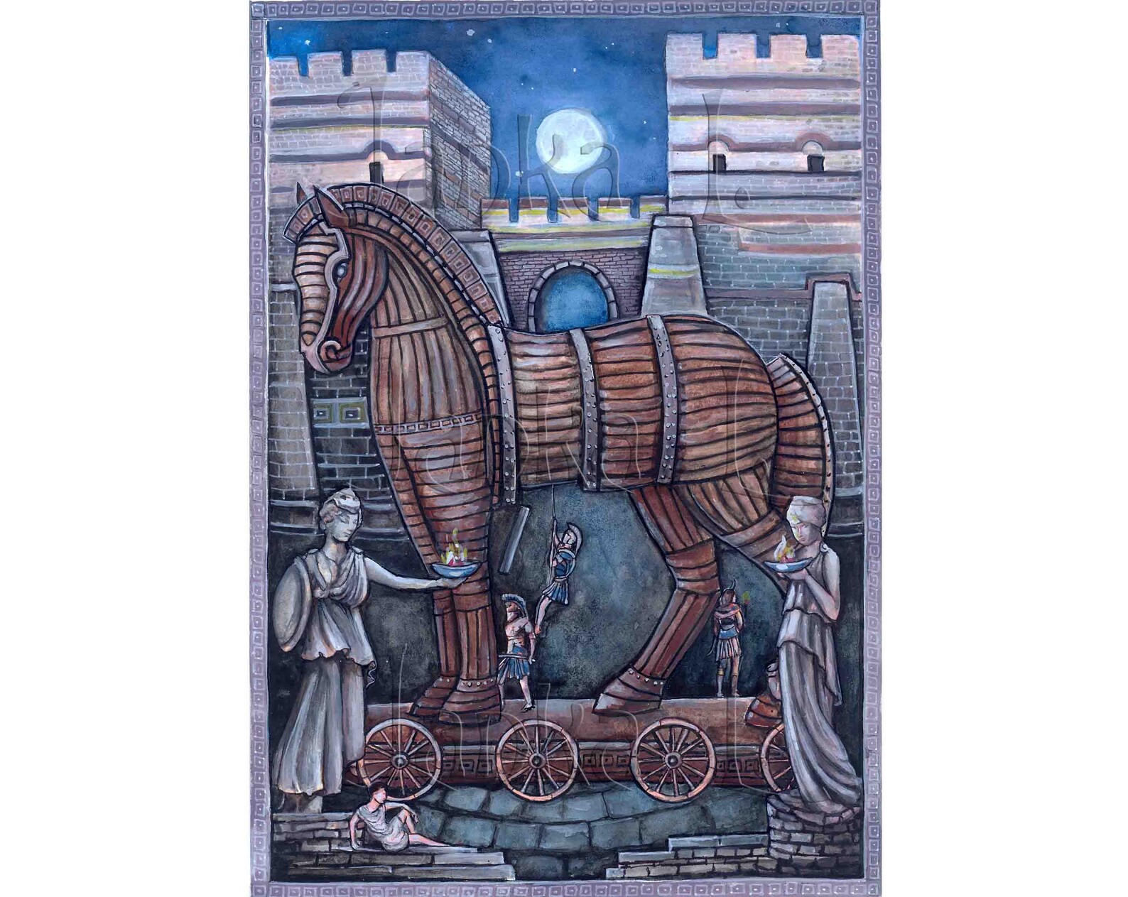 Trojan Horse Original Illustration Greek Mythology Signed Etsy