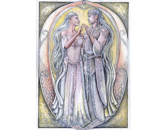 Elfen Paar Aquarell Gemälde: Fantasy Kunst Illustration