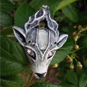 Handmade White Stag Pendant: Polymer Clay Deer Jewelry, Rock Crystal