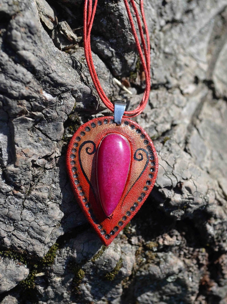 elven pendant Handmade leather pendant gift for her gift for him leather jewelry hand tooled leather unique gift gemstone pendant