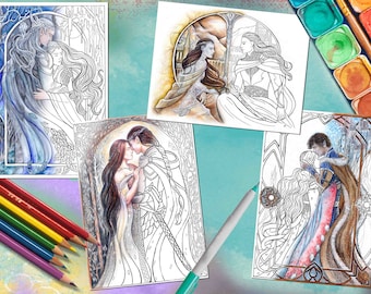 Fantasy Art Coloring Pages: Romantic Elves, Set of Four (PDF/JPG)