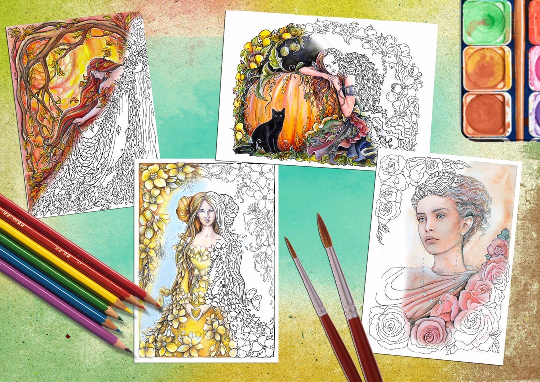 Fairytale Woman Coloring Pages: Fantasy Art, Set of Four (digital ...