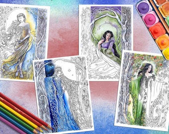 Elven Goddesses Coloring Pages: Fantasy Art, Set of Four (Digital Download)